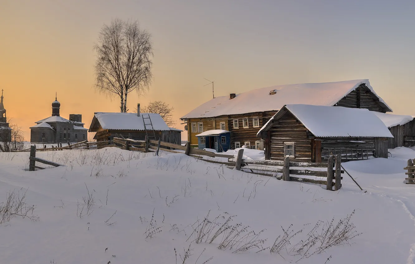 Photo wallpaper village, Church, Arkhangelsk oblast, Checinska