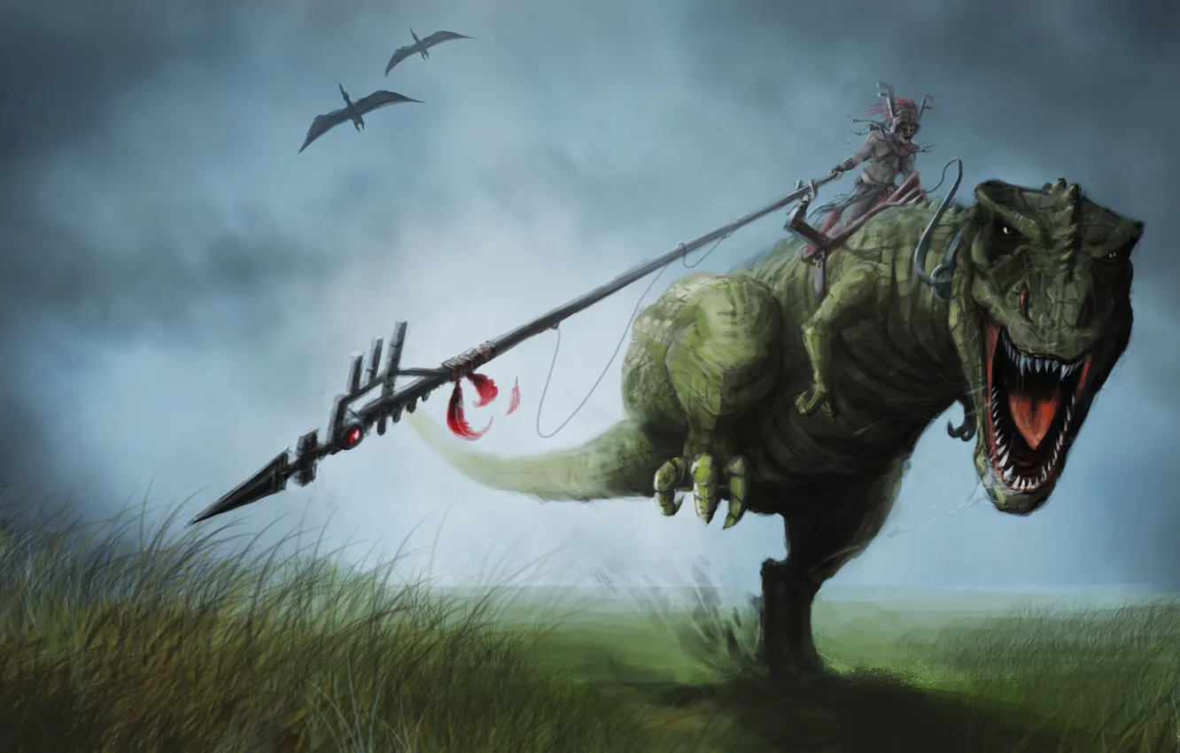 Photo wallpaper grass, movement, people, dinosaur, art, running, rider, spear