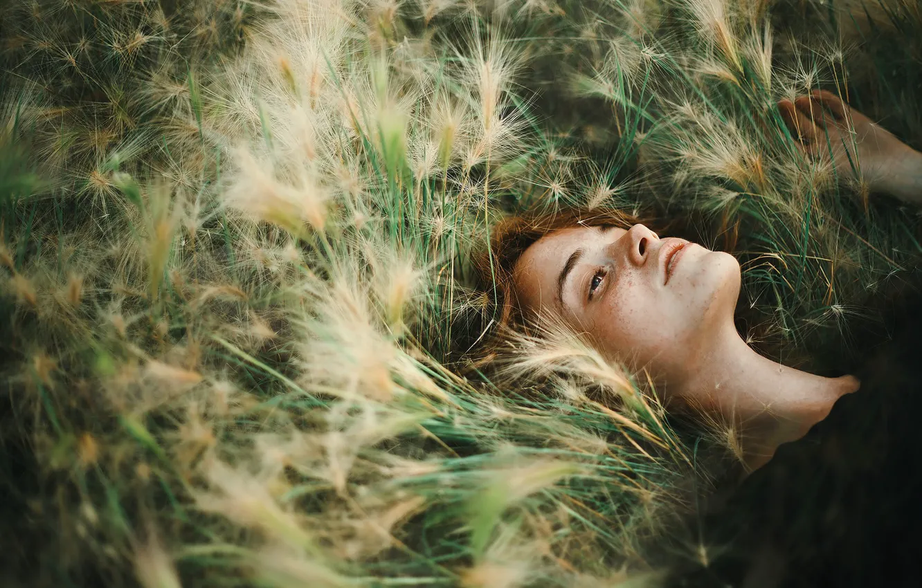 Photo wallpaper girl, freckles, in the grass, Asya Molochkova