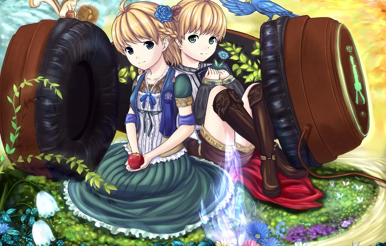 Photo wallpaper flowers, music, bird, headphones, Chipmunk, clearing, anime. music