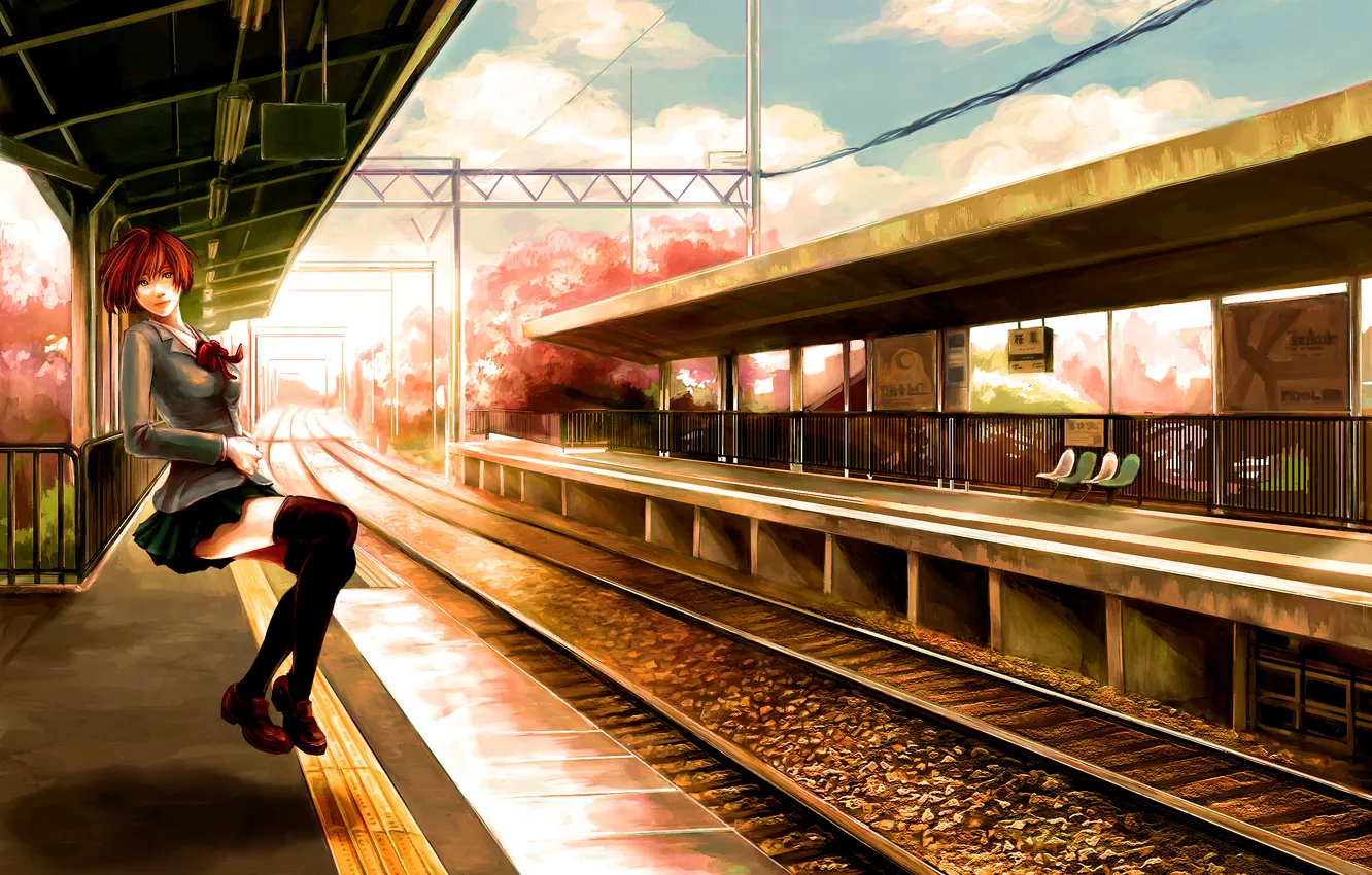 Photo wallpaper the sky, girl, clouds, trees, flight, the way, stones, wire