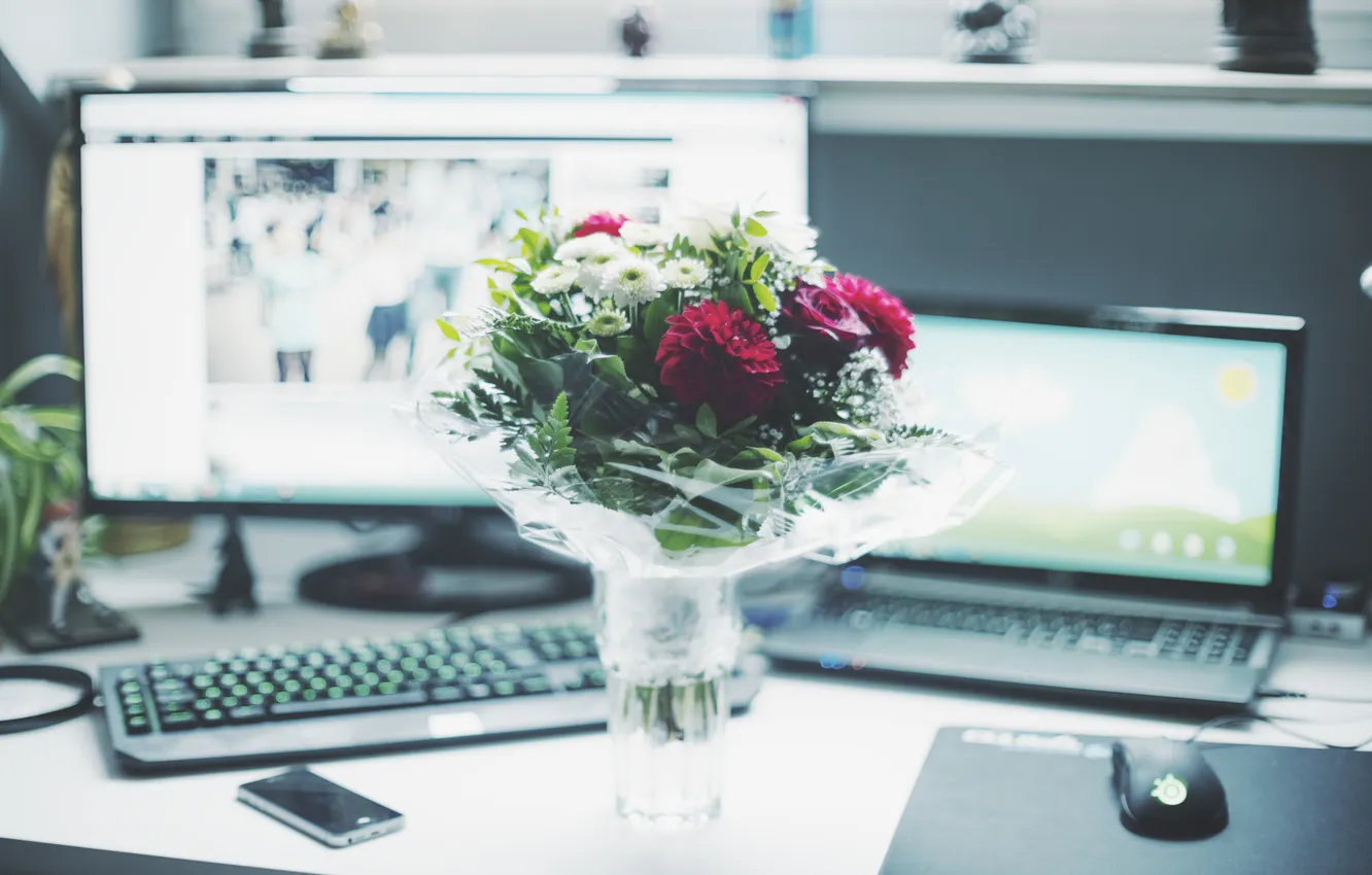 Photo wallpaper flowers, table, gift, bouquet