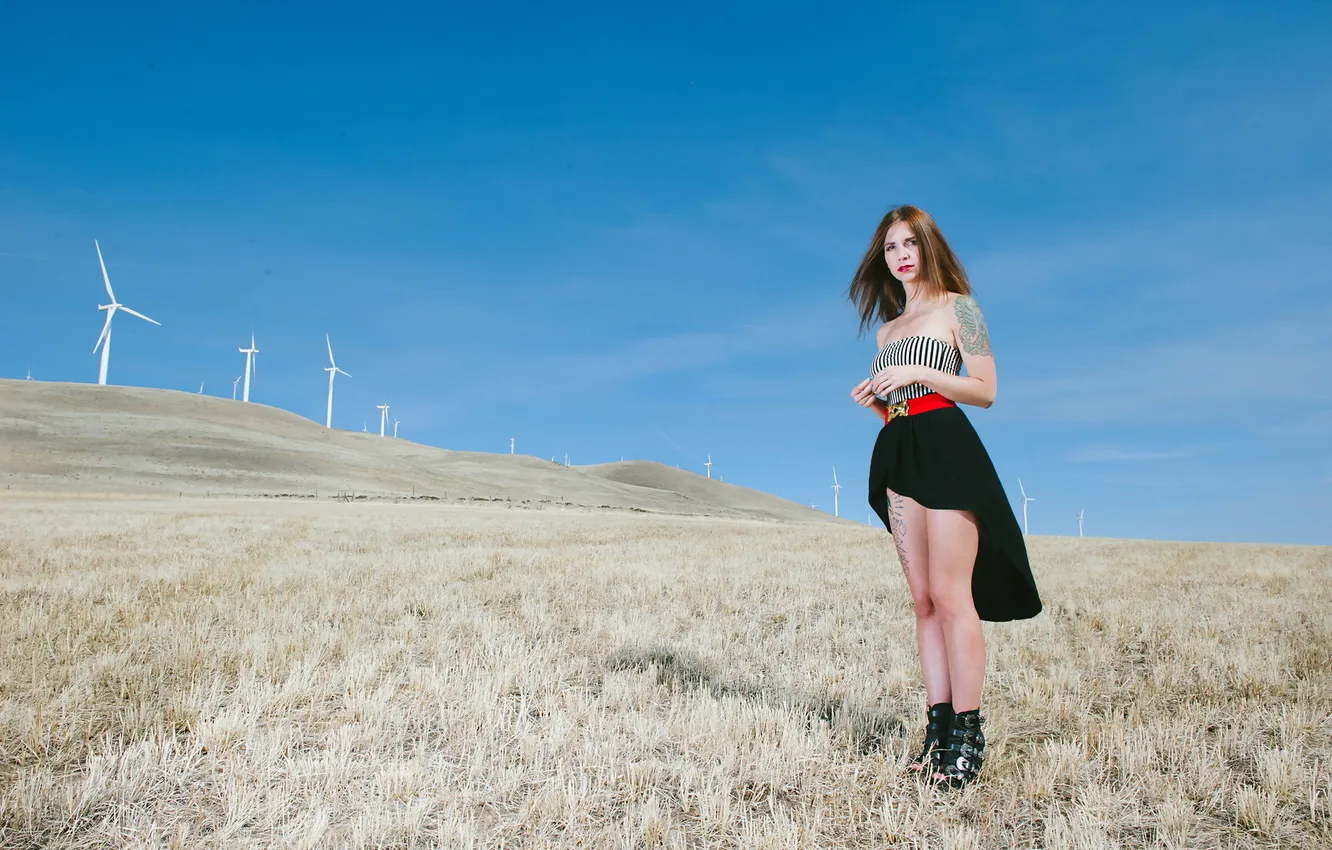Photo wallpaper field, girl, windmills