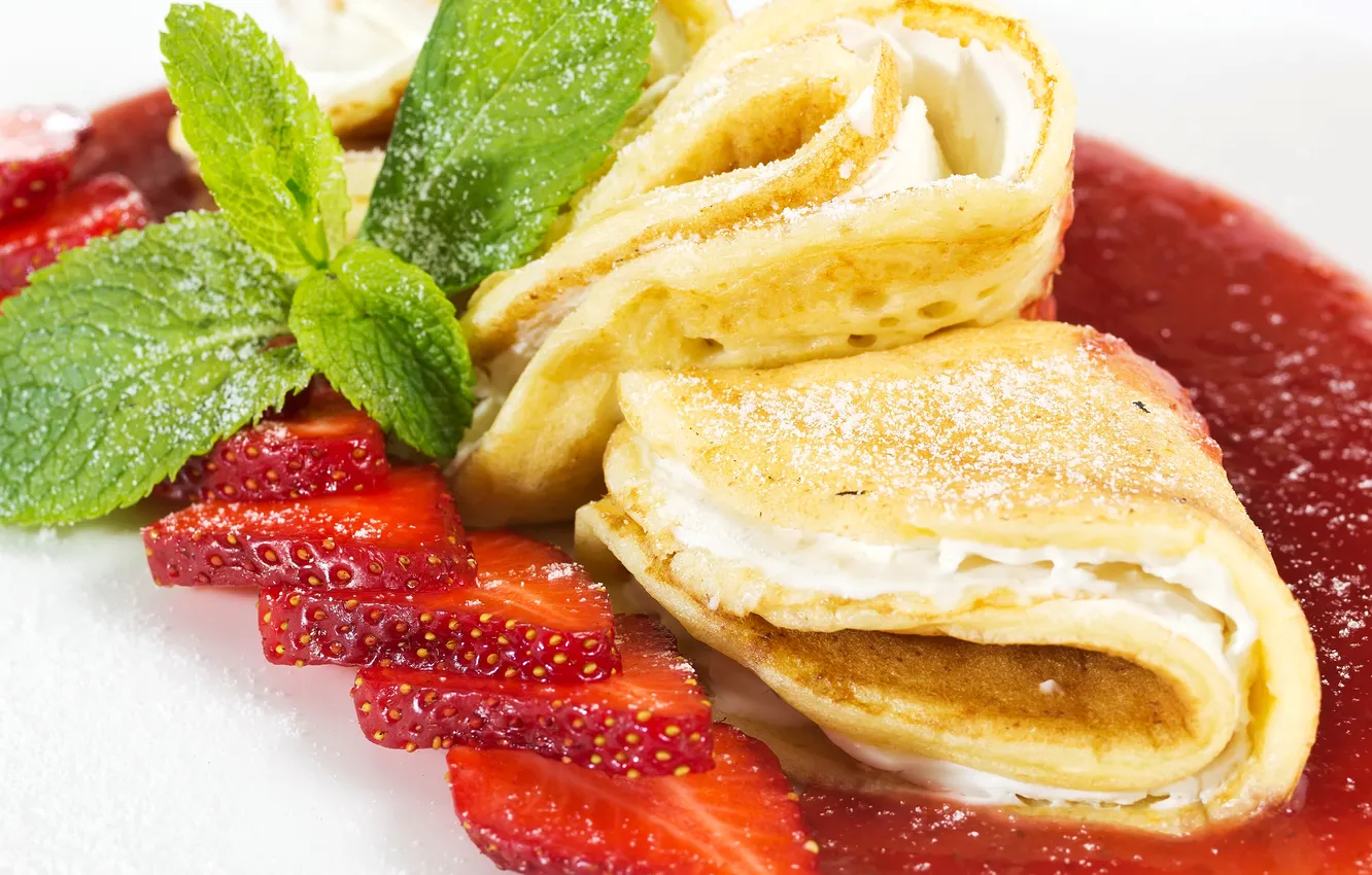 Photo wallpaper strawberry, pancakes, mint, cakes, strawberry, jam, cheese, jam