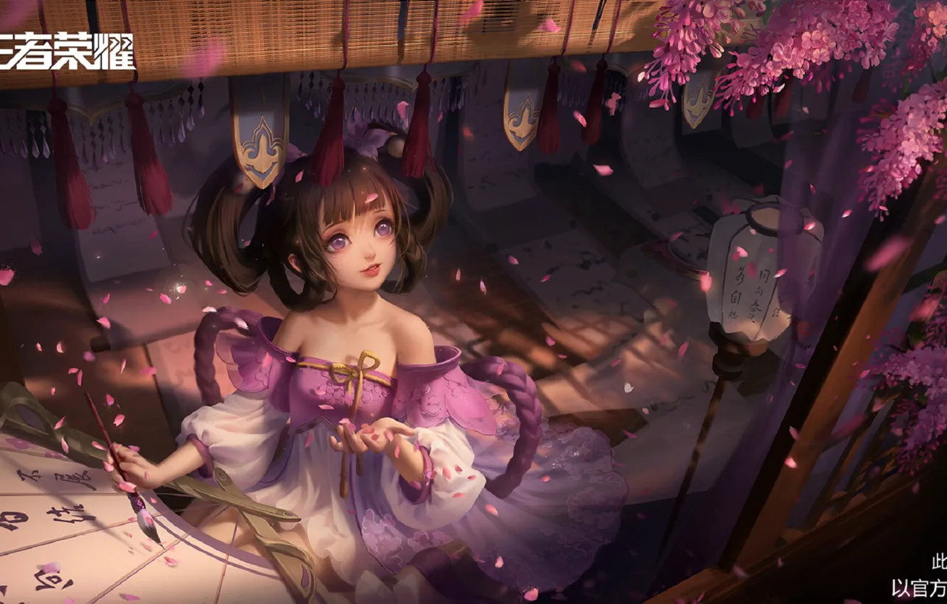 Photo wallpaper petals, girl, characters, neckline, calligraphy, brush, veranda, Mat