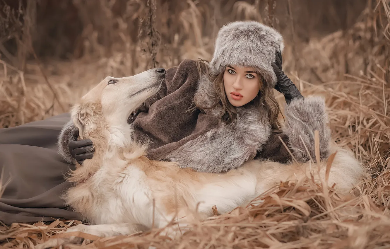 Photo wallpaper autumn, girl, pose, glade, hat, dog, stem, lies