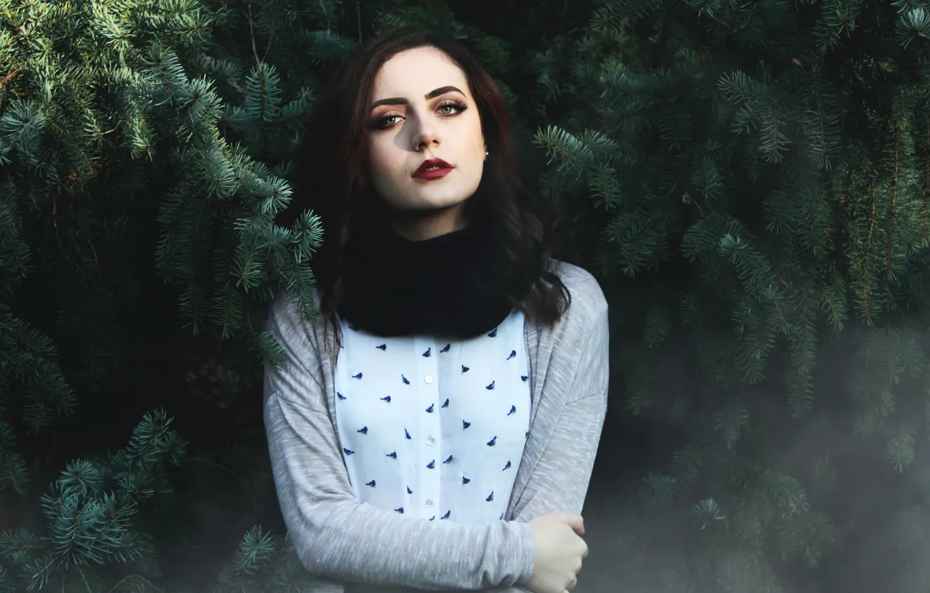 Photo wallpaper look, girl, branches, nature, pose, the dark background, portrait, makeup