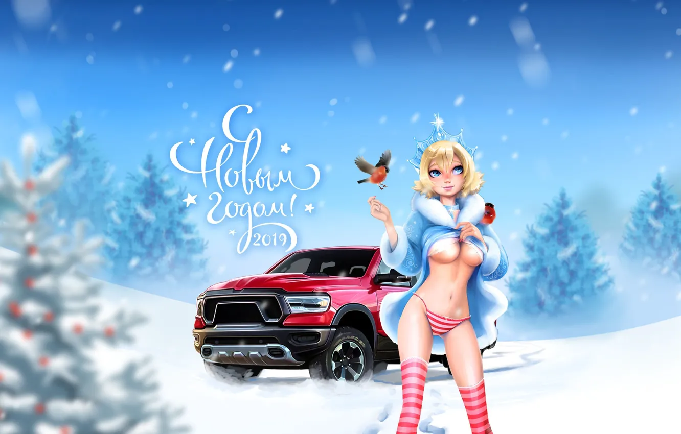 Photo wallpaper girl, snow, tree, Dodge, car, Dodge, Happy New year, Ram