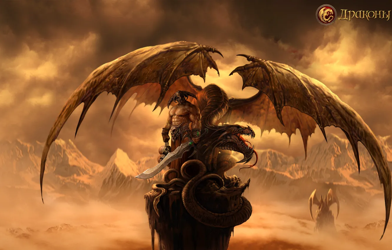 Photo wallpaper the sky, mountains, dragon, warrior