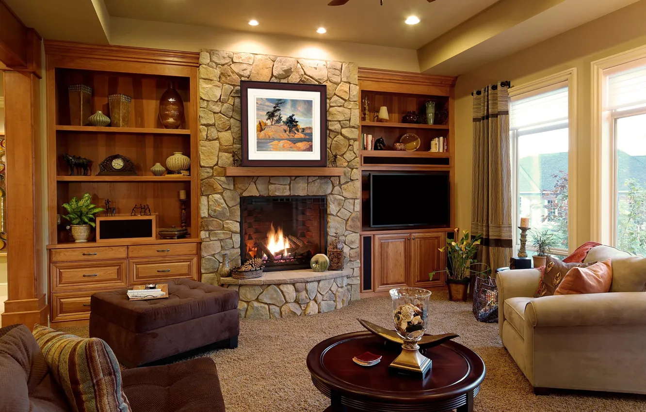 Photo wallpaper design, style, living room, interior, fireplace