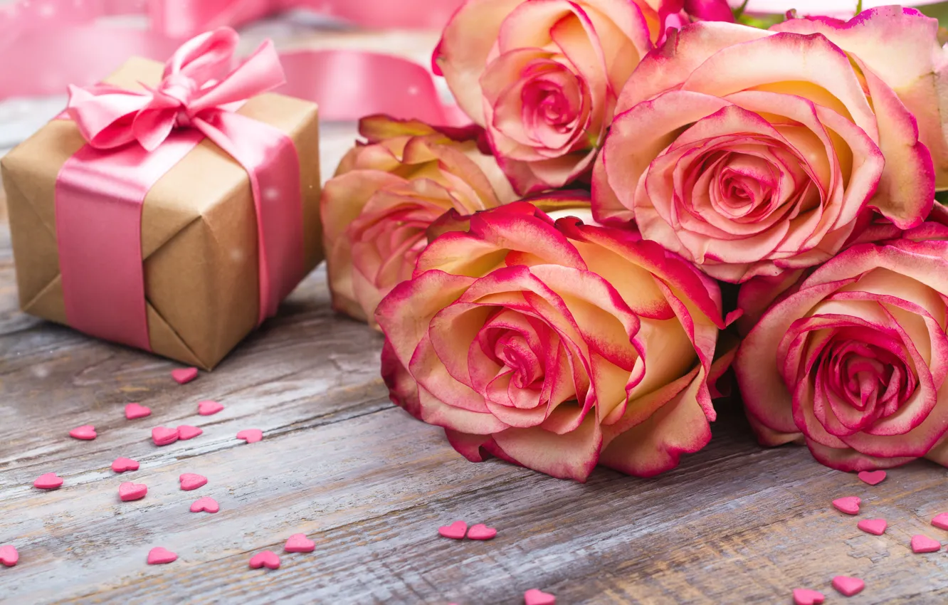 Photo wallpaper gift, roses, bouquet, pink, beautiful