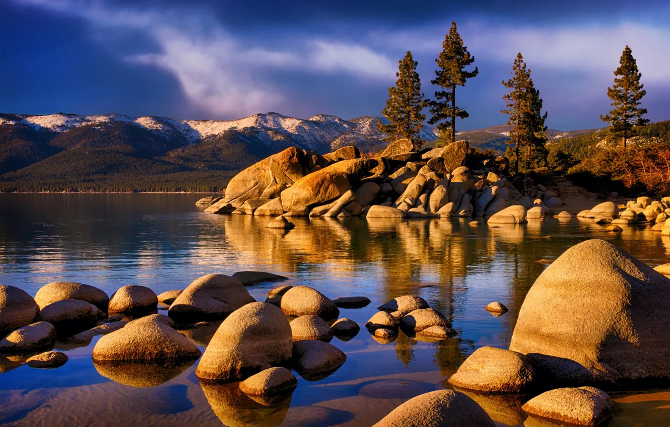 Photo wallpaper trees, landscape, mountains, nature, lake, stones, USA, Sierra Nevada