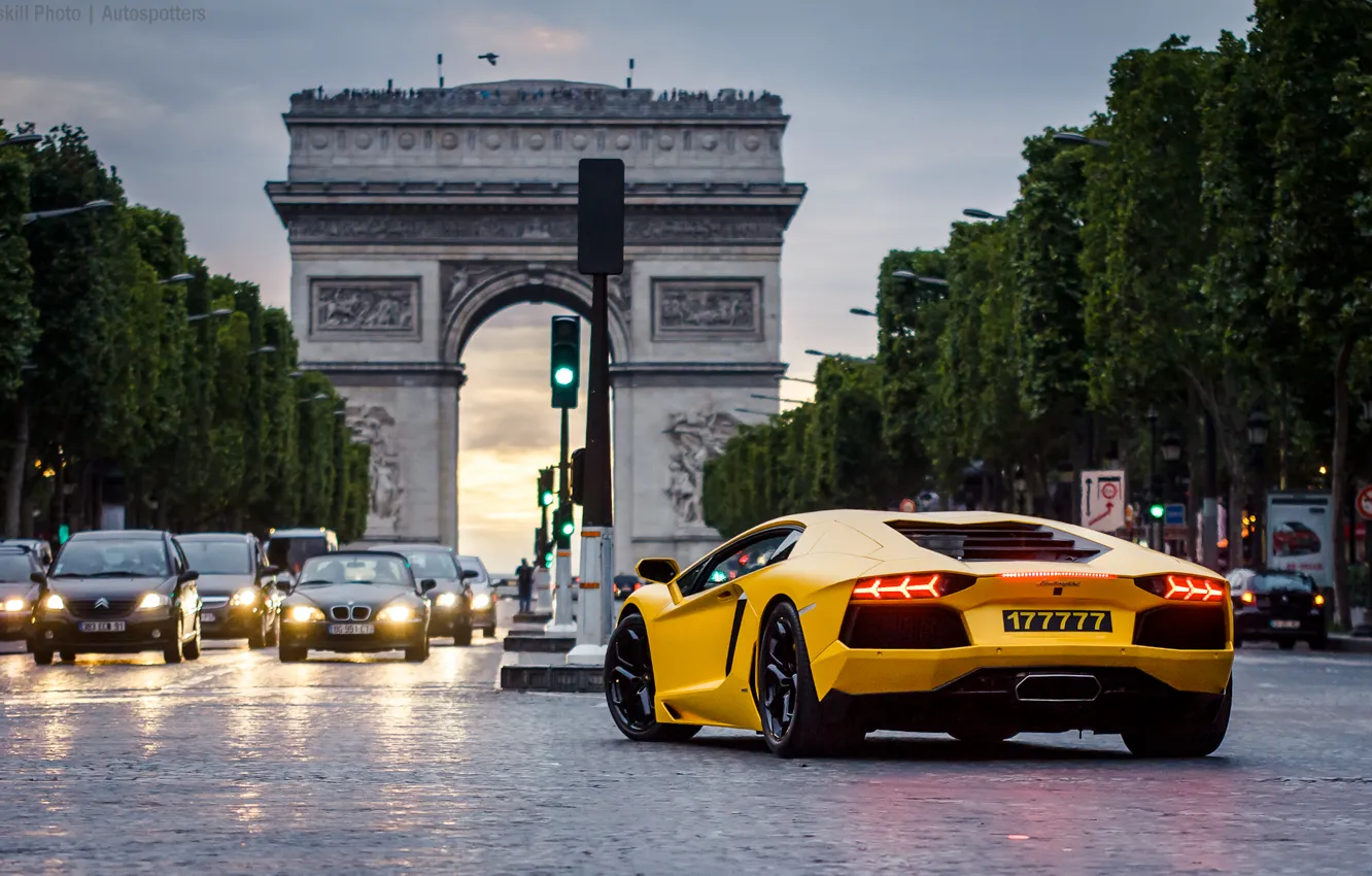 Photo wallpaper Paris, Paris, cars, yellow, night, Lamborghini Aventador