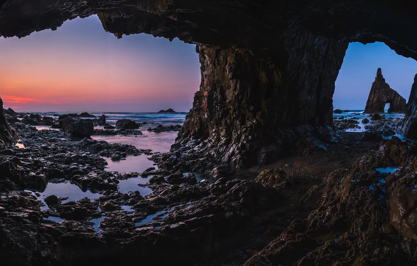 Photo wallpaper sea, the sky, sunset, darkness, stones, rocks, shore, view