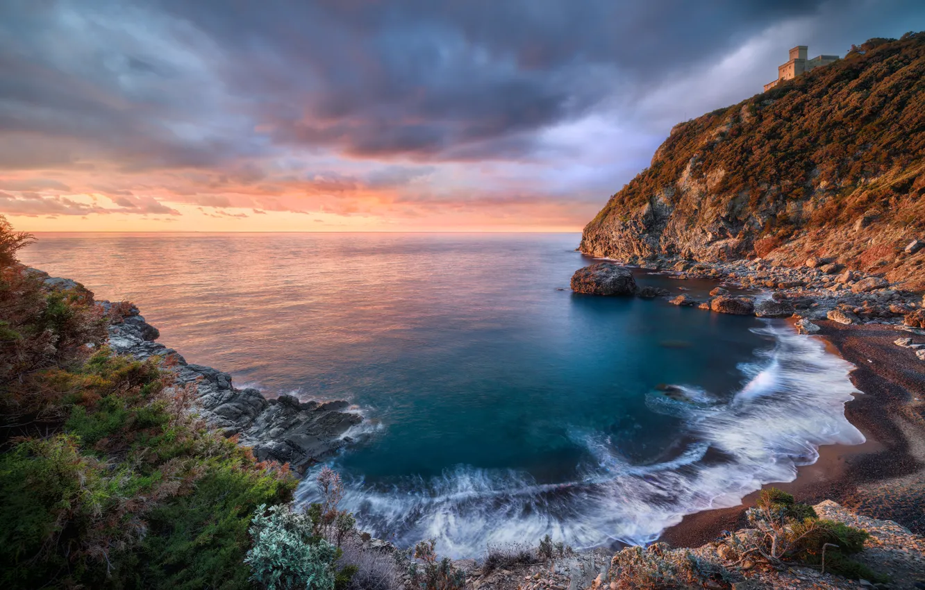 Photo wallpaper sea, wave, castle, rocks, shore, height
