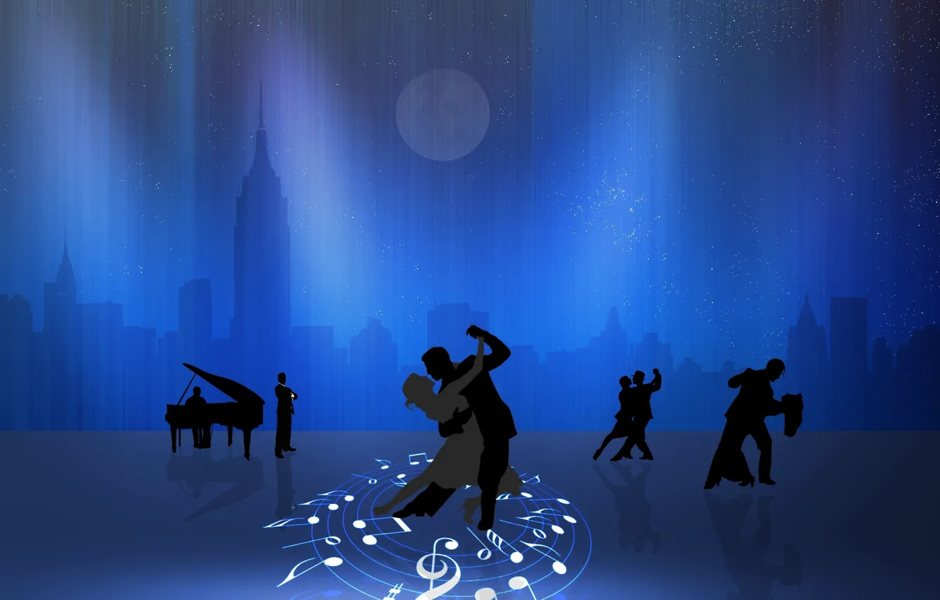 Photo wallpaper the city, notes, the moon, dance, piano, pair