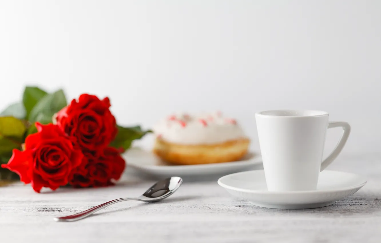 Photo wallpaper coffee, roses, Cup, donut, Andrey Cherkasov