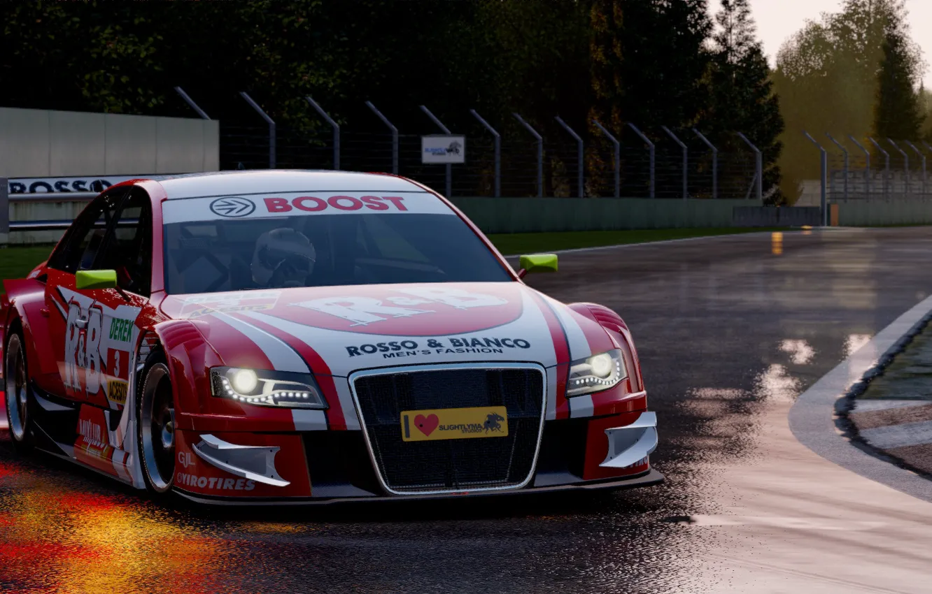 Photo wallpaper autumn, trees, reflection, Audi, race, race, Project CARS
