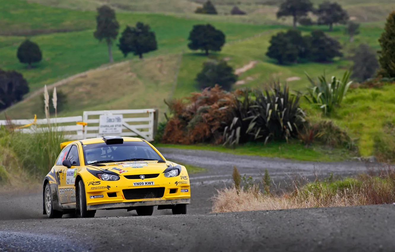 Photo wallpaper Yellow, Sport, Machine, Race, WRC, Rally, Rally, Proton