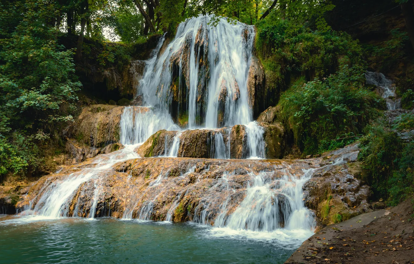 Photo wallpaper stones, rocks, shore, waterfall, stream, cascade, the bushes