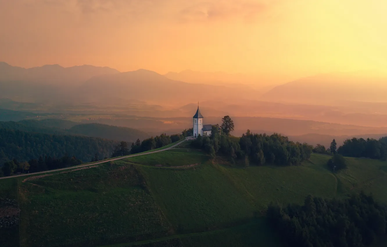 Photo wallpaper landscape, mountains, nature, dawn, hills, village, morning, Church