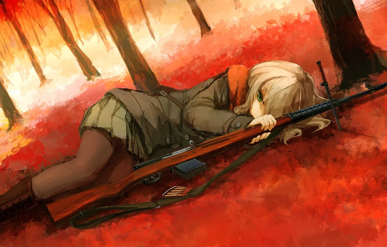 Photo wallpaper loneliness, dagger, cartridges, rifle, military uniform, deprecia, in the woods, lying on his side