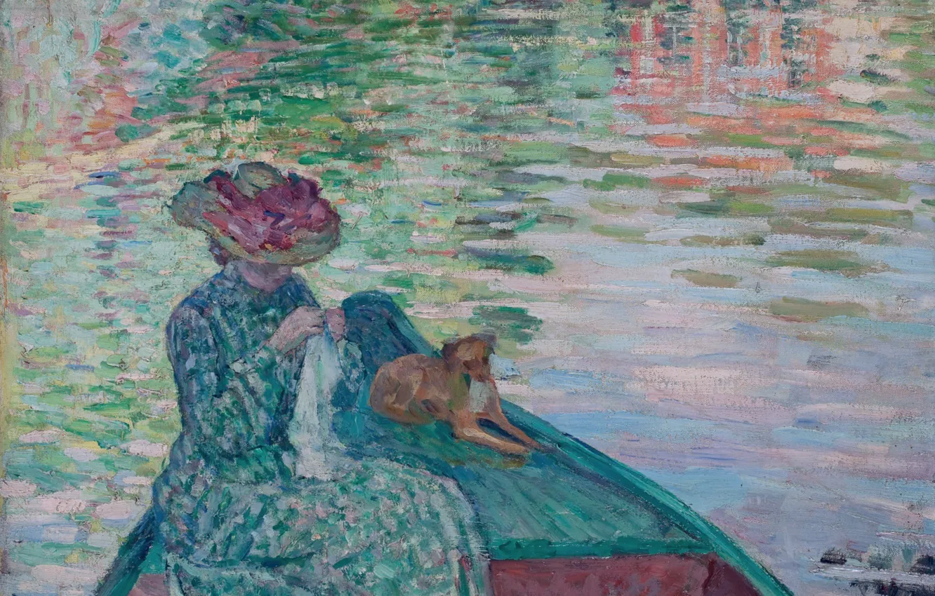 Photo wallpaper paint, dog, picture, genre, Henri Lebacq, A young girl in a boat