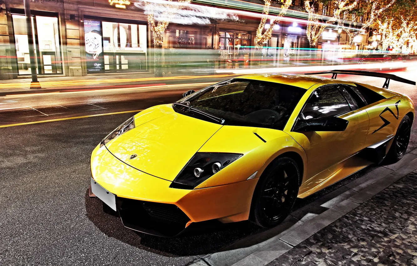 Photo wallpaper city, Lamborghini, light, yellow, murcielago, LP670-4, Superveloce