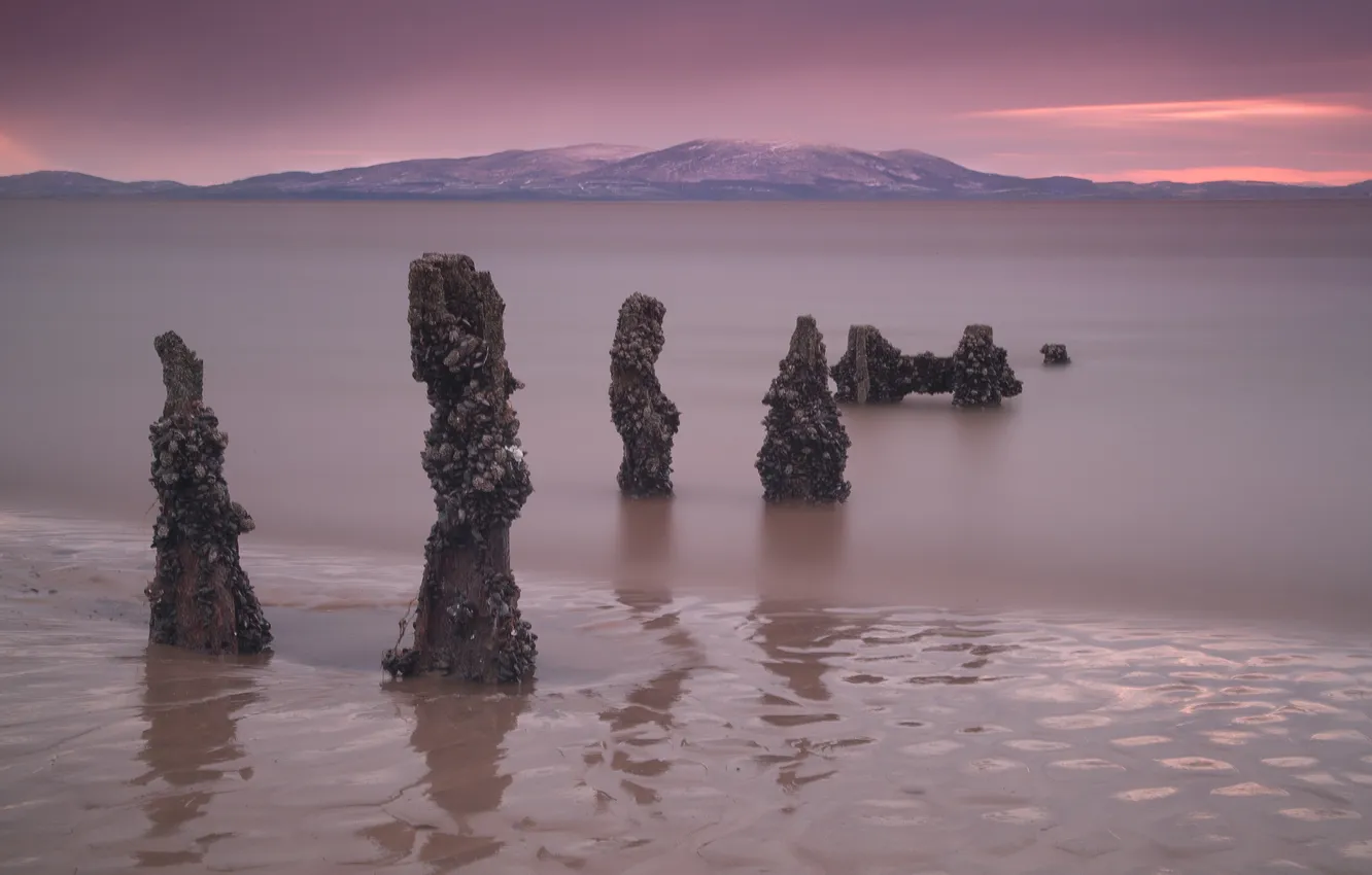 Photo wallpaper sea, sunset, mountains, rocks, columns