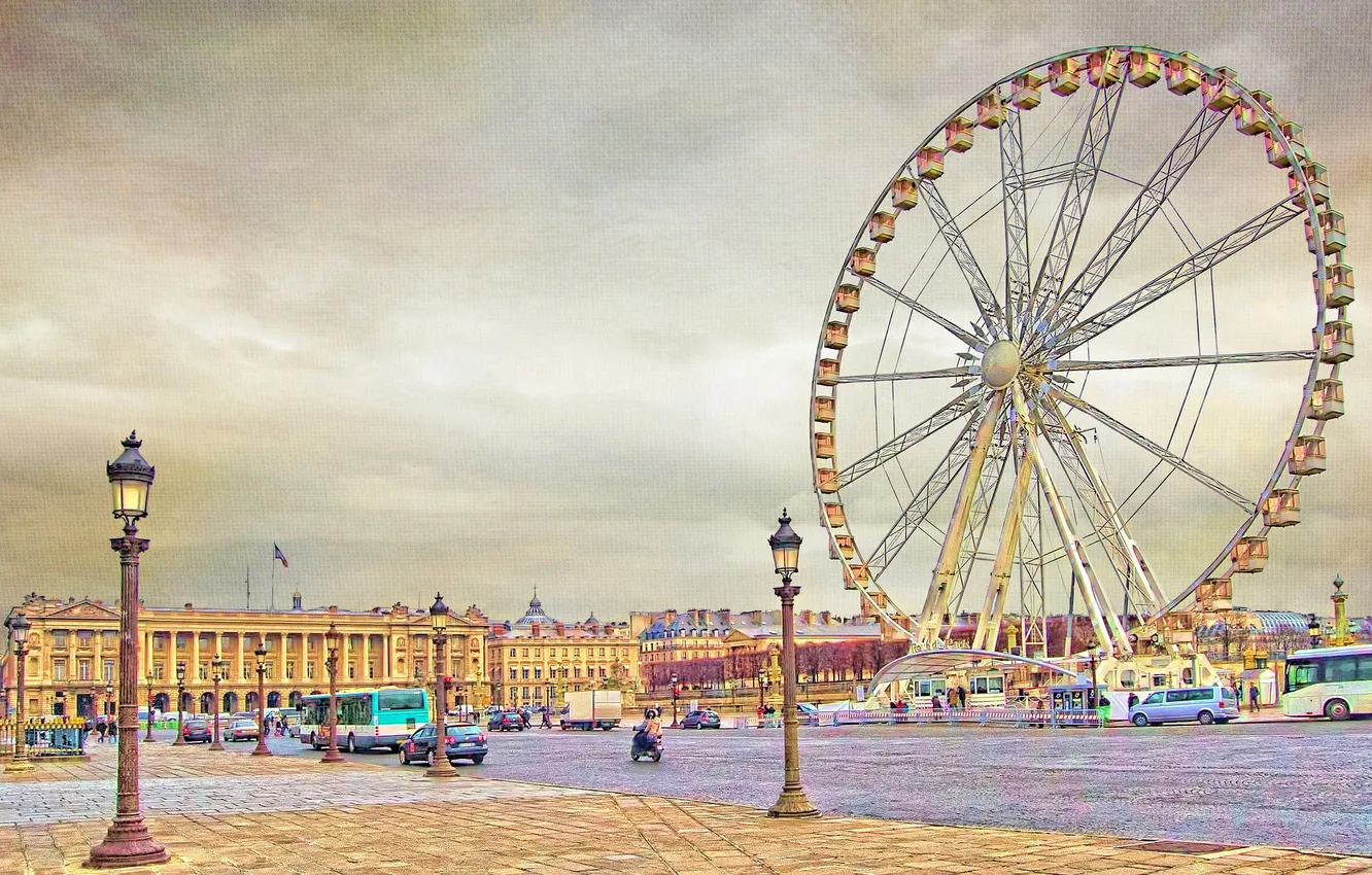 Photo wallpaper France, Paris, area, lights, Ferris wheel, Palace