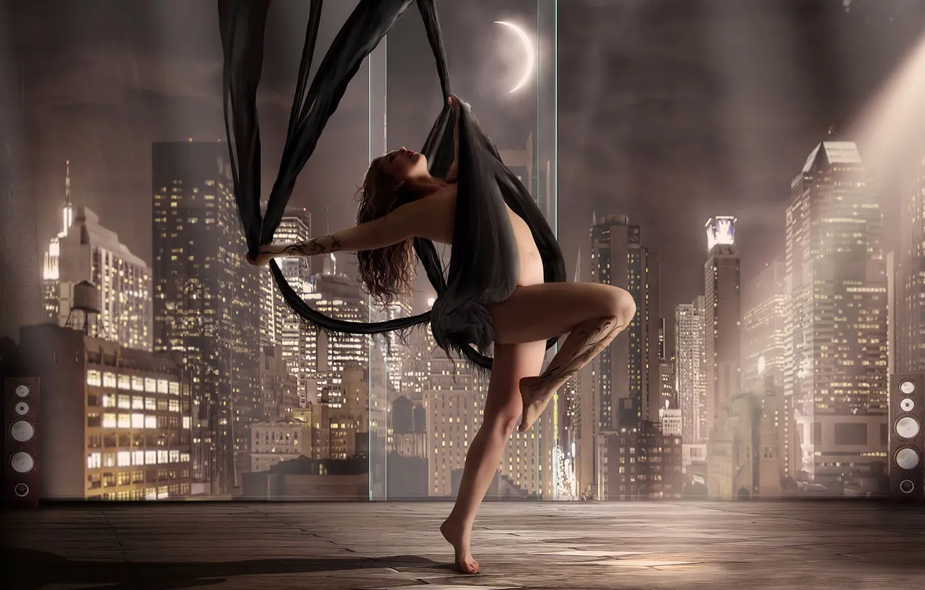 Photo wallpaper girl, the city, the moon, dance, with silk ribbons