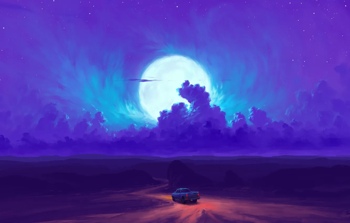 Photo wallpaper car, moon, road, sky, desert, night, art, clouds