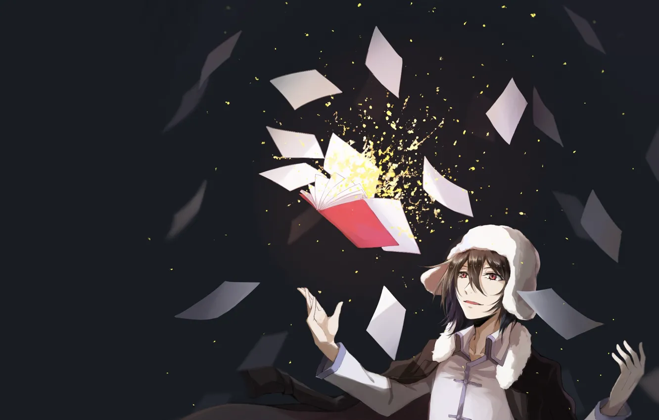 Photo wallpaper book, guy, Bungou Stray Dogs, sheets of paper, Stray Dogs: A Literary Genius, Fyodor Dostoevsky, …