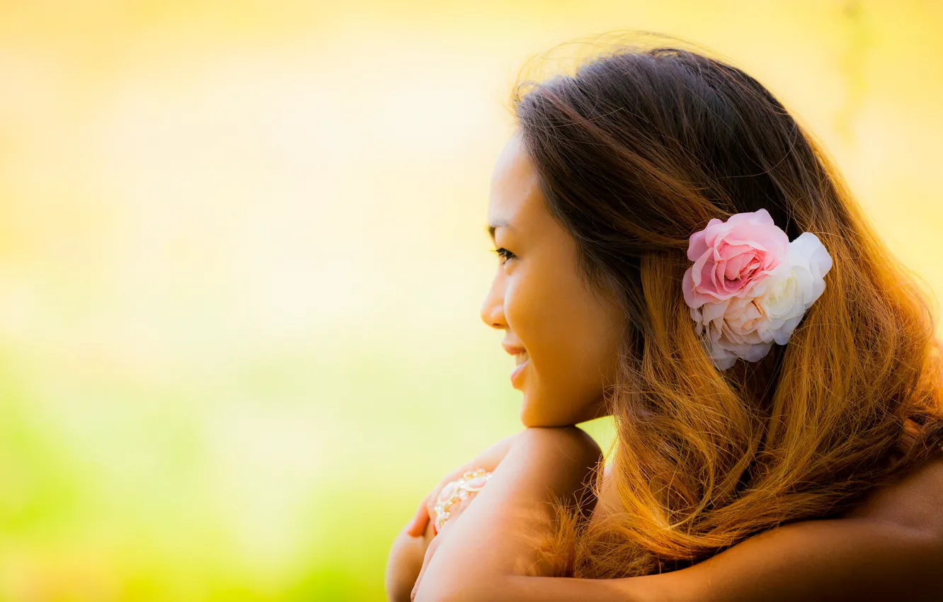 Photo wallpaper girl, flowers, model, hair, Asian, jasmin