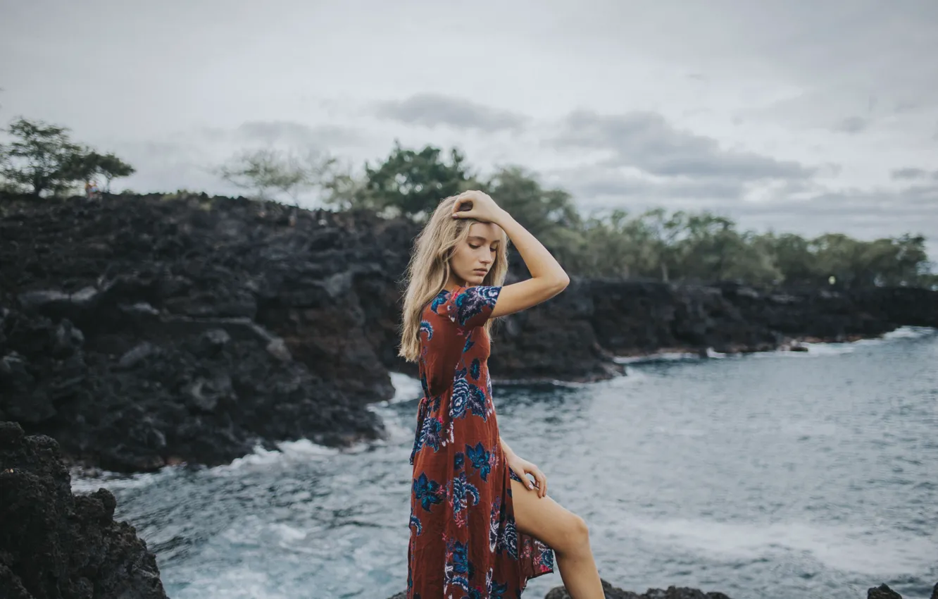 Photo wallpaper girl, river, dress, blonde