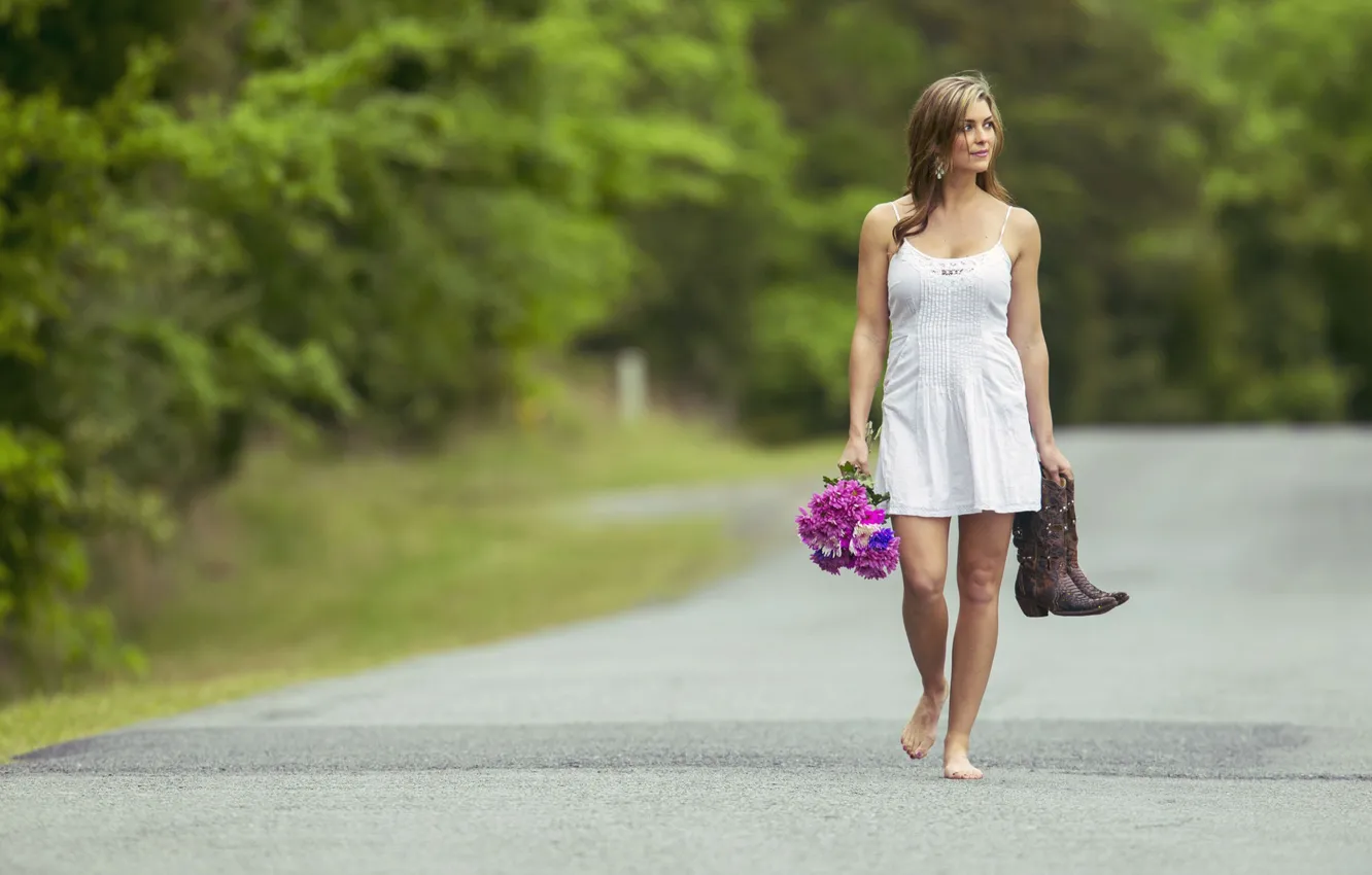 Photo wallpaper road, summer, look, girl, flowers, nature, pose
