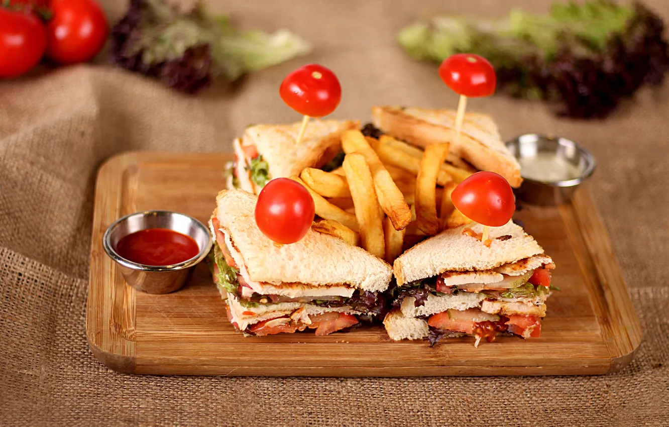 Photo wallpaper food, French fries, sandwiches, cutting Board, sauces, tomatoes-cherry