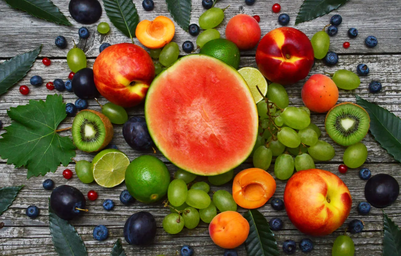 Photo wallpaper berries, grapes, fruit, peach, wood, apricots
