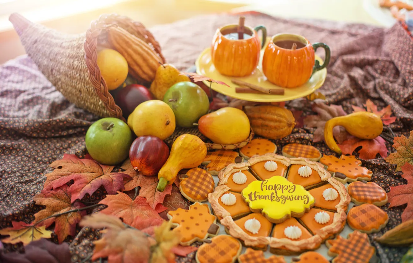 Photo wallpaper autumn, the inscription, tea, apples, cell, cookies, fruit, pie