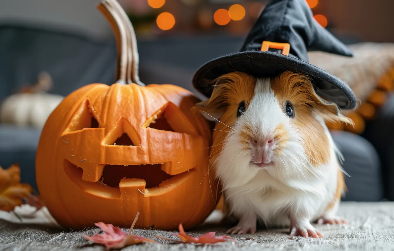 Photo wallpaper autumn, leaves, holiday, hat, pumpkin, Halloween, Guinea pig, Halloween