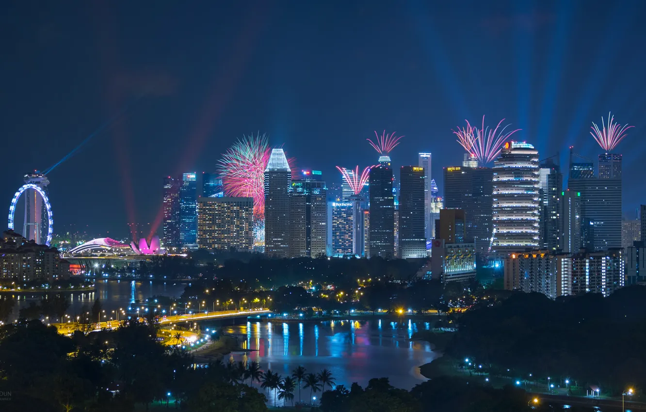 Photo wallpaper building, Singapore, fireworks, night city, skyscrapers, Singapore, by Tan Bing Dun, Kallang