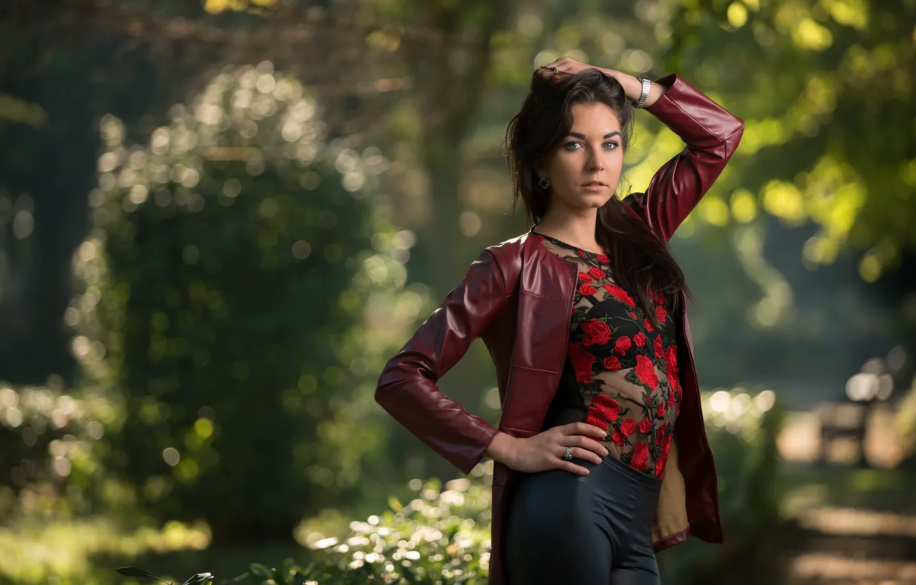 Photo wallpaper look, pose, hair, jacket, bokeh, Mila Volkova