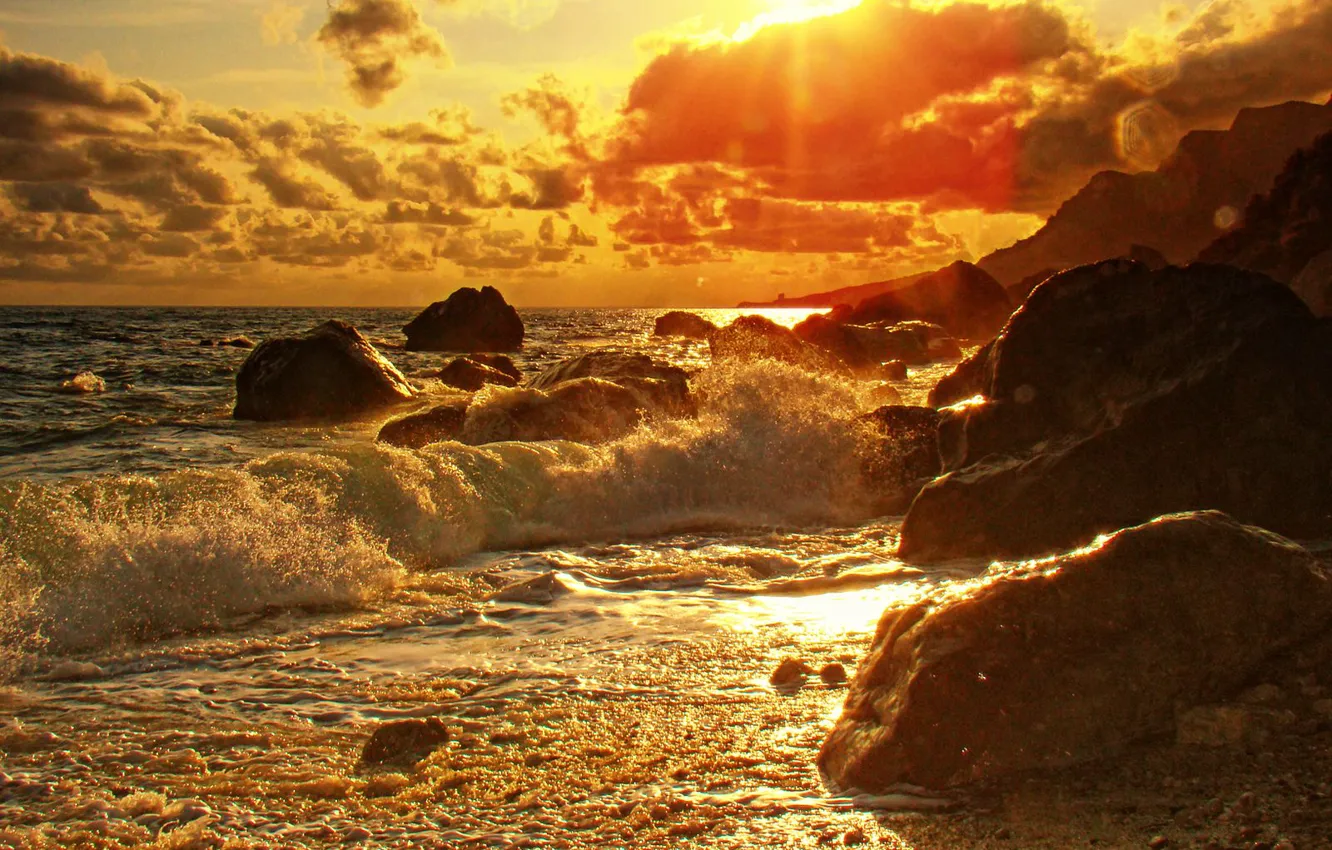 Photo wallpaper sea, sunset, stones, coast, surf