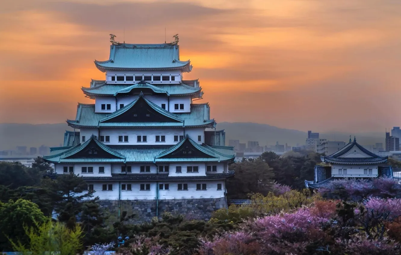 Photo wallpaper the sky, clouds, trees, landscape, sunset, mountains, city, the city