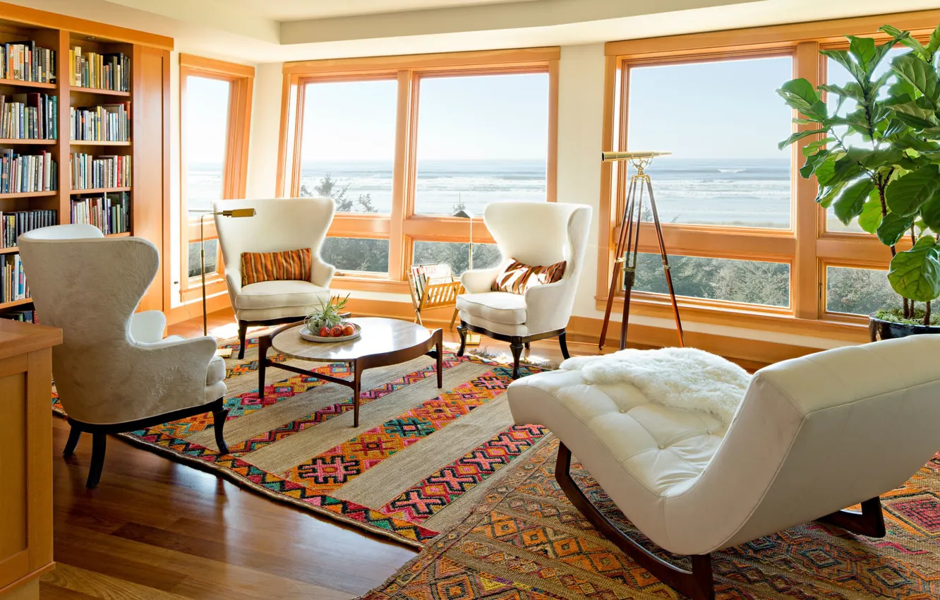 Photo wallpaper room, style, interior, beach and ocean view, library, living room, Oregon Coast, design