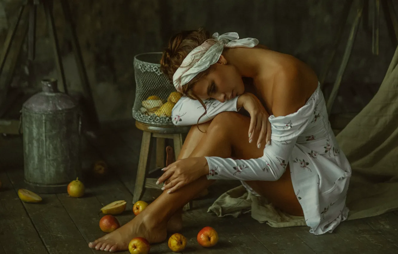 Photo wallpaper girl, pose, basket, apples, barefoot, dress, brown hair, fruit