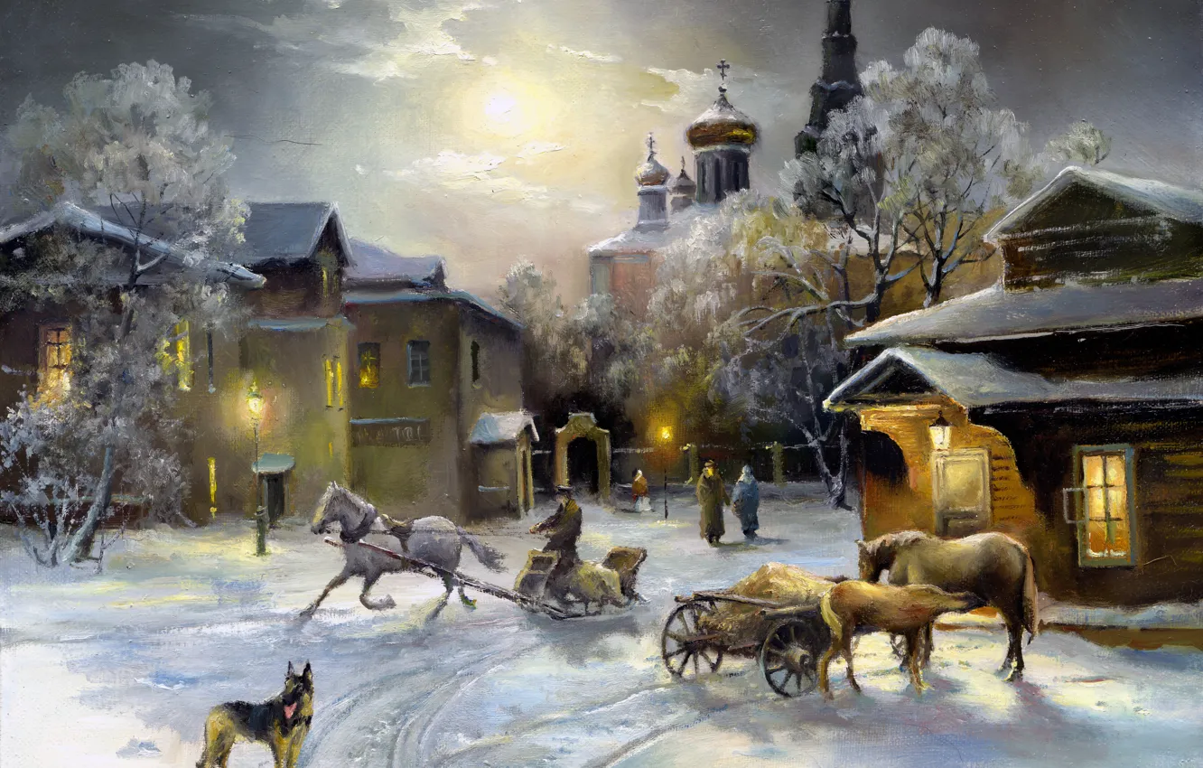 Photo wallpaper the sky, light, snow, Windows, dog, horse, Church, painting