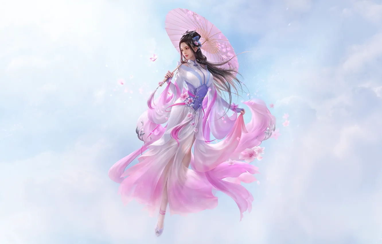 Photo wallpaper girl, fantasy, sky, dress, style, umbrella, art, beautiful