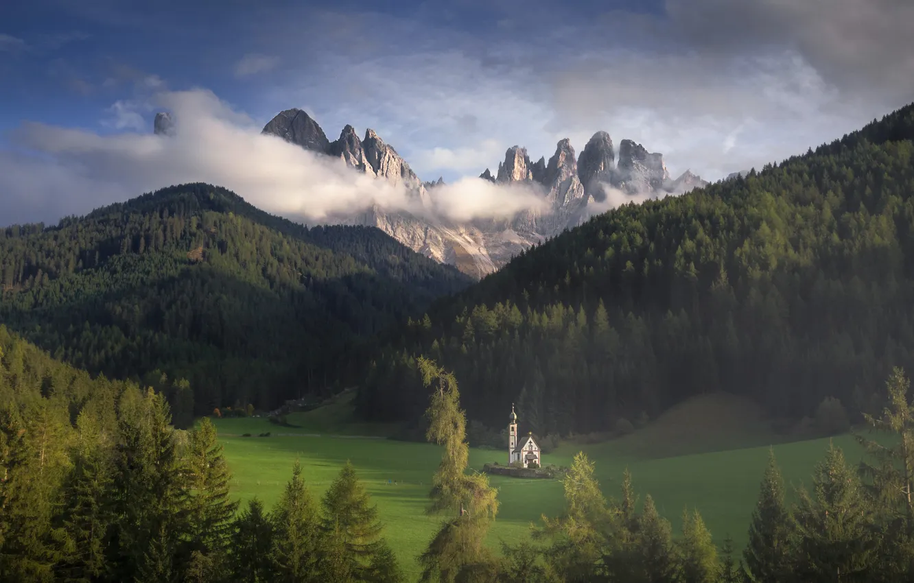 Photo wallpaper forest, mountains, Alps, Church