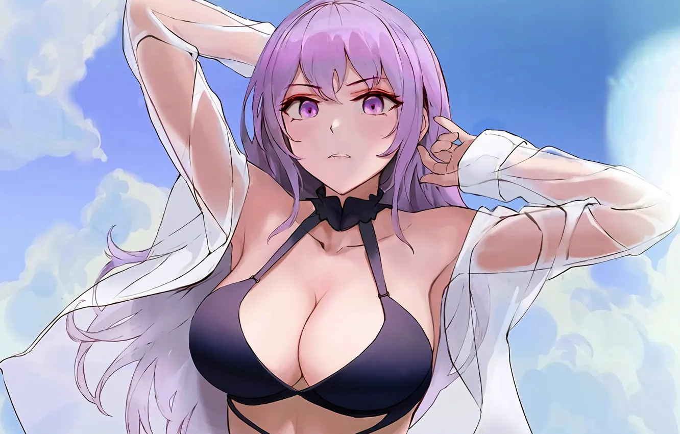 Photo wallpaper girl, sexy, cleavage, long hair, boobs, anime, beautiful, purple eyes